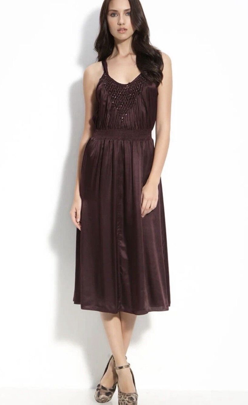 NEW REBECCA TAYLOR BEADED MIDI DRESS SIZE 10 $315 RAISIN RUM boho wedding guest
